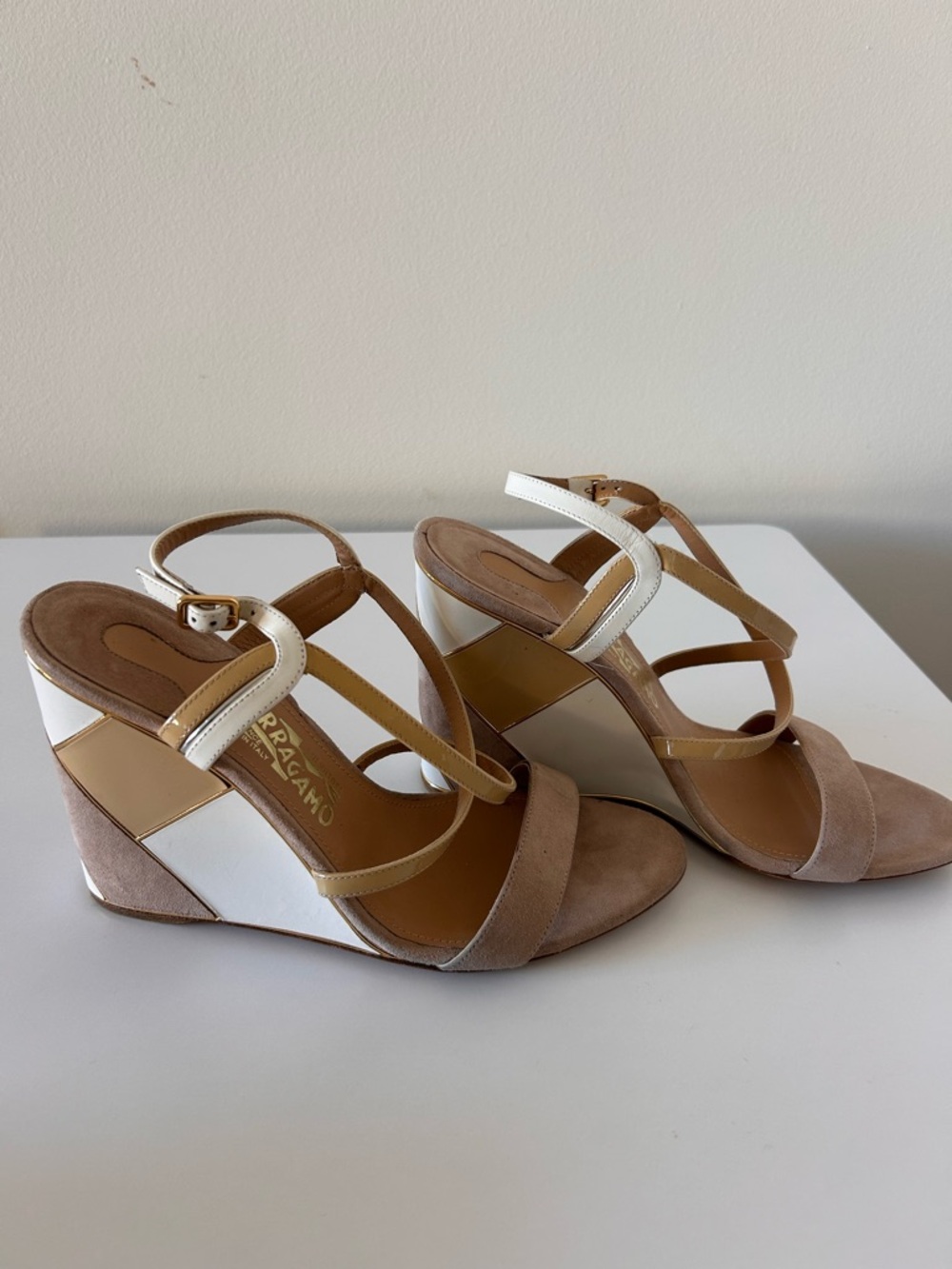 Salvatore Ferragamo White, Beige & Tan Wedges Wedge Sandals Heels Summer Shoes